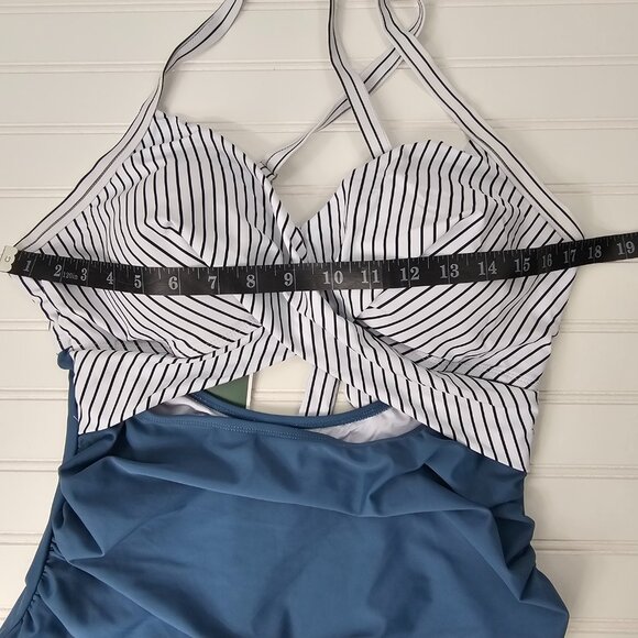 Women's Blue Striped Wrap Top Cut Out High Waist One Piece Swimsuit Size XL NWT - Picture 11 of 13